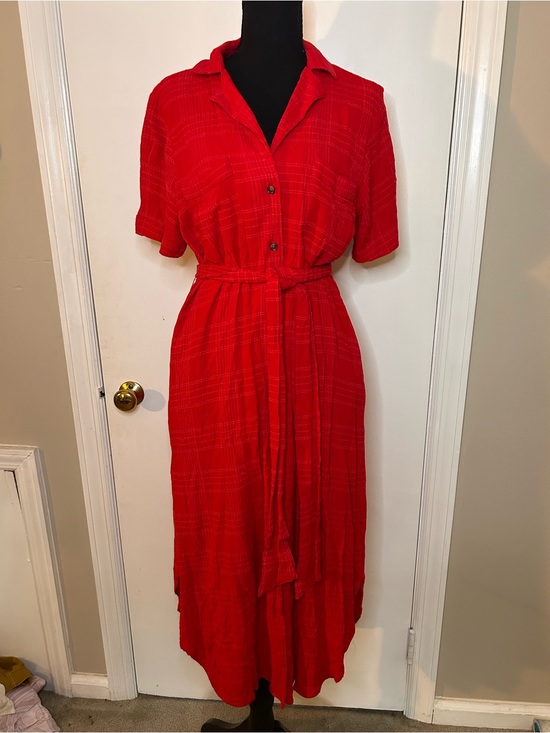 Anthropologie Dresses & Skirts - MAEVE ANTHROPOLOGIE RED TEXTURED SHIRT DRESS W/BELT SIZE MEDIUM